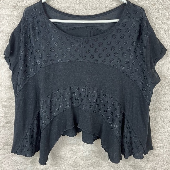 FREE PEOPLE Boho Flower Knit Tri-cot Black Oversized Flowy Tunic Top XS  (to XL) - Picture 8 of 13